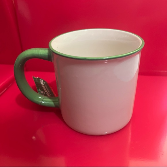 JOY Sleigh Bell Bistro Coffee Tea Mug White Red Letters Green Rim Handle 20 oz - Picture 2 of 4